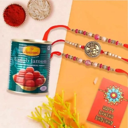 Charming Set of 3 Rakhi with Haldiram Gulabjamun to Rakhi-to-usa.asp