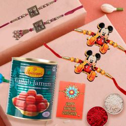 Graceful Set of 4 Rakhi with Haldiram Gulab Jamun to Rakhi-to-usa.asp