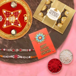 Decorative Puja Thali with Rakhi Pair N 12pc Ferrero Rocher to Usa-rakhi-chocolates.asp