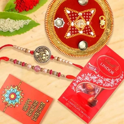 Pious Puja Thali with Rakhi Pair N Lindt Chocolates to Stateusa.asp