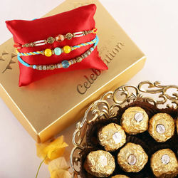 Lovely 3 Rakhi Set with 12 pc Ferrero Rocher to Usa-rakhi-chocolates.asp