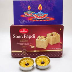 Lip-Smacking Soan Papdi Gift Pack with Flowery Candles to Diwali-usa.asp