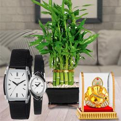 Auspicious Vignesh Ganesh, Lucky Bamboo Plant N Sonata Analog Watch