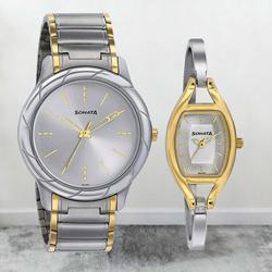 Outstanding Sonata Analog Silver Dial Pair Watch