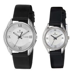 Fancy Titan Silver Dial Leather Strap Watch for Couple