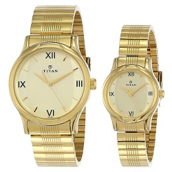 Fantastic Titan Champagne Dial Golden Strap Watch for Couples