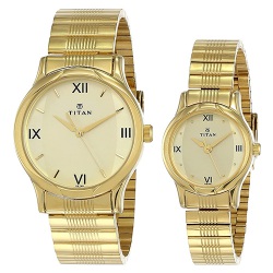 Fantastic  Champagne Dial Golden Strap Watch for Couples