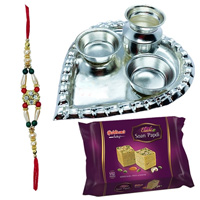 Soan Papri from Haldiram and Silver Plated Paan Shaped Puja Aarti Thali along with Rakhi to Rakhi-to-world-wide.asp