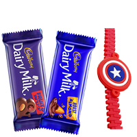 Captain America Rakhi with 2 pcs Cadburys Chocolates to Rakhi-to-world-wide.asp