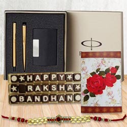 Parker Pen Set, Golden Bracelet Rakhi n 27 pcs Home Made Chocolates to Rakhi-to-world-wide.asp