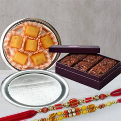 Twin Fancy Rakhis with Brownie, Pineapple Chocolate n Pooja Thali to Rakhi-to-world-wide.asp