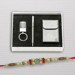 Exclusive Gift Set of Pen , Visiting Card Holder and Key Chain along with to Rakhi-to-world-wide.asp