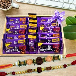 Rudraksha Rakhi Set with Assorted Cadbury Chocolates in Wooden Tray to Rakhi-to-world-wide.asp