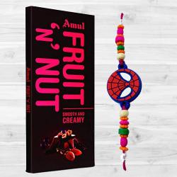 Yummy Amul Fruit N Nut Chocolate with Spiderman Rakhi to Rakhi-to-world-wide.asp