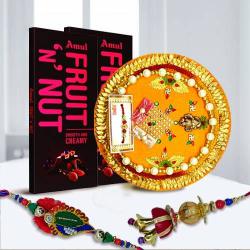 Traditional Bhaiya Bhabhi Rakhi Set with 2 pcs Amul Fruit n Nut N Pooja Thali to Rakhi-to-world-wide.asp