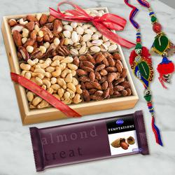 Classy Bhaiya Bhabhi Rakhi Set with Dry Fruits n Cadbury Temptations to Rakhi-to-world-wide.asp