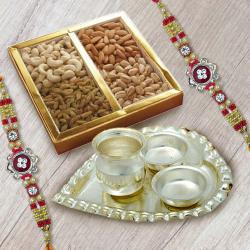 Designer Rakhi Set with Dry Fruits n Silver Plated Paan Shape Thali to World-wide-rakhi-dry-fruits.asp