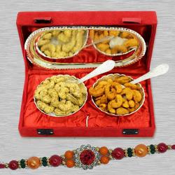 Elegant Stone Rakhi with Cashews in Silver Plated Bowl n Tray to Rakhi-to-world-wide.asp