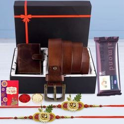 Pious OM Rakhi Pair with Card Holder, Belt, KN95 Mask N Cadbury Temptation to Rakhi-to-world-wide.asp