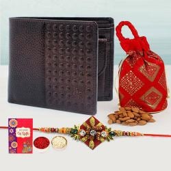 Fancy Zardosi Rakhi with Brown Leather Wallet N Almond Potli to Rakhi-to-world-wide.asp