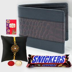 Elegant Gold Plated Rakhi with Gents Wallet N Snicker Chocolate to Rakhi-to-world-wide.asp