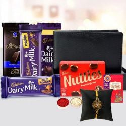 Cool Golden Rakhi with Mens Leather Wallet n Cadbury Chocolates to Rakhi-to-world-wide.asp