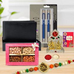 Fancy Ganesh Rakhi with Leather Wallet, Mandap, Parker Pen n Dry Fruits to Rakhi-to-world-wide.asp