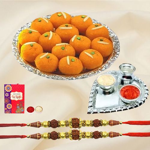 Exquisite Rudraksha Rakhi N Haldiram Motichur Laddoo N Card to Rakhi-to-world-wide.asp