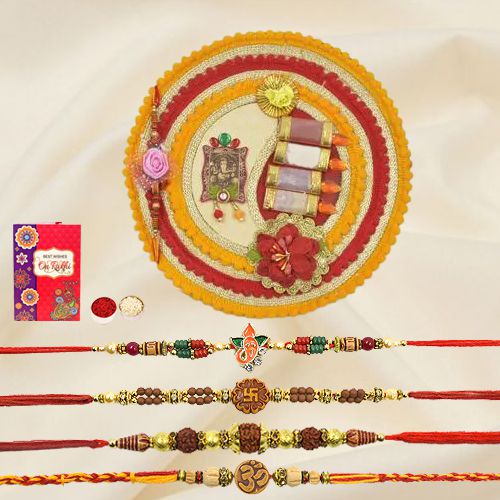 Splendid Rakhi Set of 4 with Shree Rakhi Pooja Thali to World-wide-rakhi-thali.asp