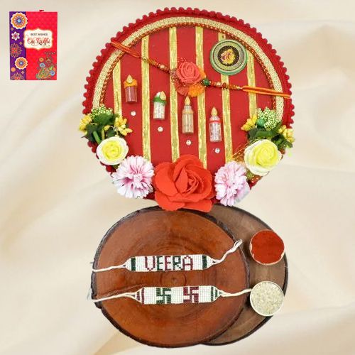 Fancy Swastik N Veera Rakhi Set with Shree Rakhi Pooja Thali to Rakhi-to-world-wide.asp