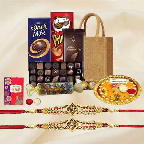 Rakhi Gift Bag of Pooja Thali and 2 pcs Om Rakhi to Rakhi-to-world-wide.asp