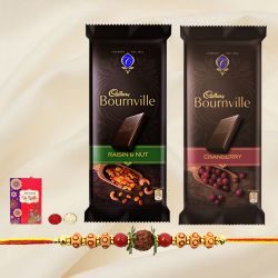 Rudraksha Rakhi with 2 pcs Cadbury Bournville Chocolates to Rakhi-to-world-wide.asp