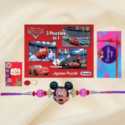 Funny Mickey Rakhi with Puzzle Set to World-wide-rakhi-for-kids.asp