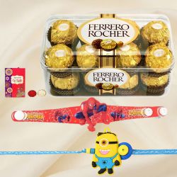Spider Man and Minion Rakhi Set with Ferrero Rocher to World-wide-rakhi-for-kids.asp