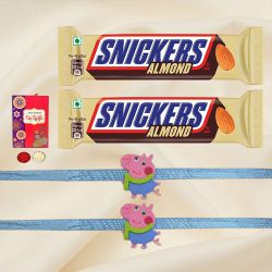 Fancy Peppa Pig Rakhi Pair with Snickers Almond Bar to World-wide-rakhi-for-kids.asp