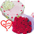 Red Roses Bunch with Heart Shape Cake 