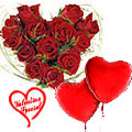 Dutch Red Roses in Heart Shape Arrangement with 2 Heart Shape Balloons