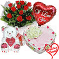 12 Exclusive Red Dutch Roses Bunch with Cute Teddy Bear, Love Cake 1 Lb And Heart Shaped Balloons